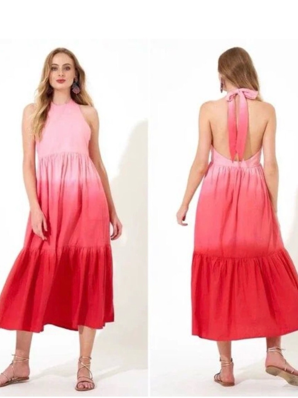 NWT - LAST ONE -Oliphant Pink to Red Ombre Backless Halter Midi Dress